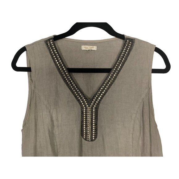 Lina Tomei Italy Womens Size Medium Dress Sleeveless Linen Tank Beaded Embellish - Picture 4 of 4